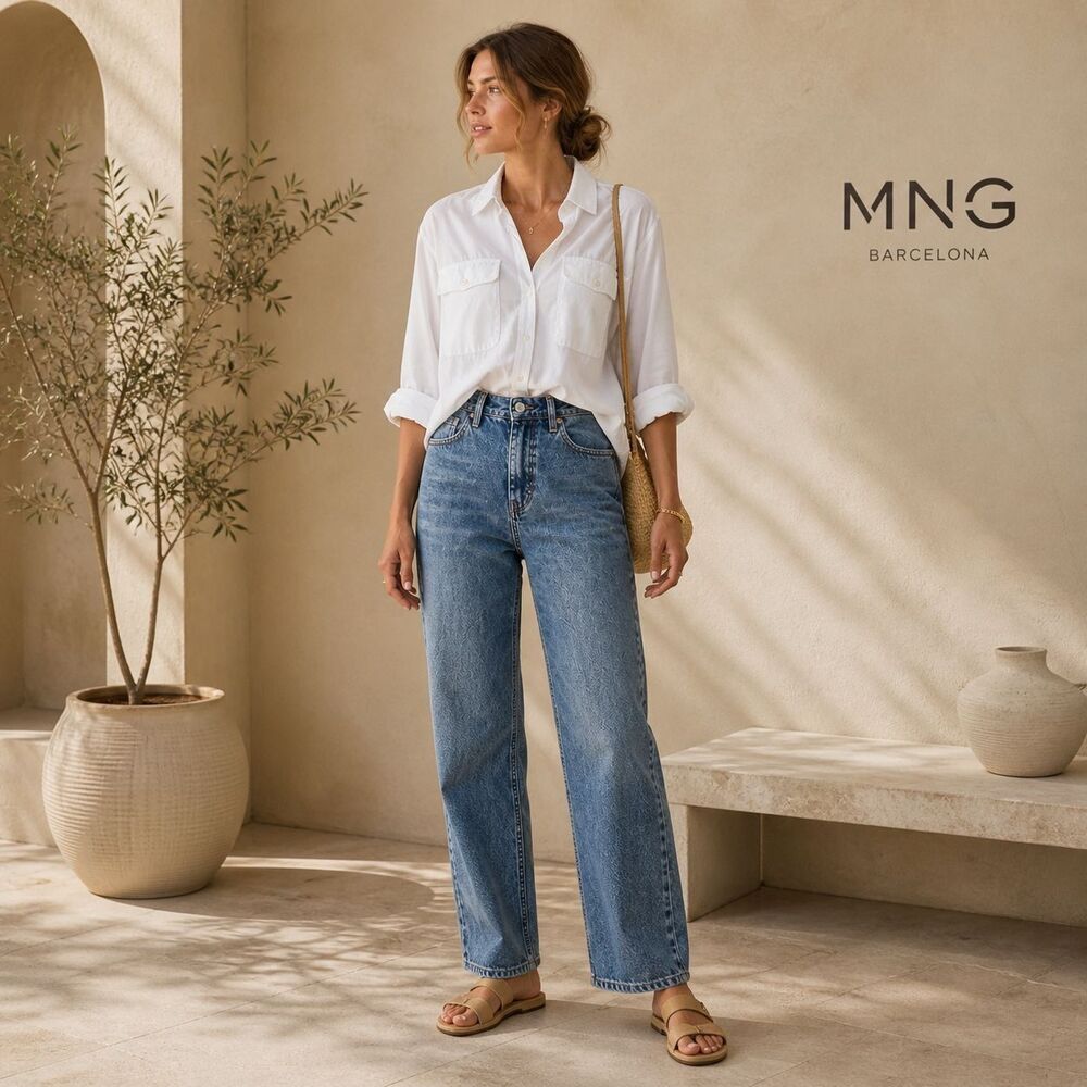 MNG‎ MANGO Women's Jeans Wide Leg Blue Denim Straight 8 High Rise 100% Cotton